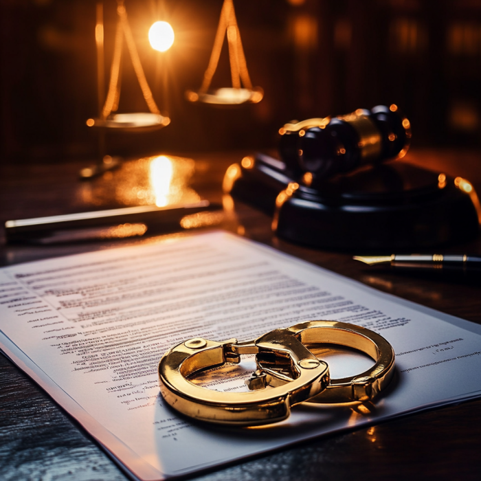 Judge’s gavel, legal documents, and handcuffs symbolizing criminal defense and investigation law in Thailand.