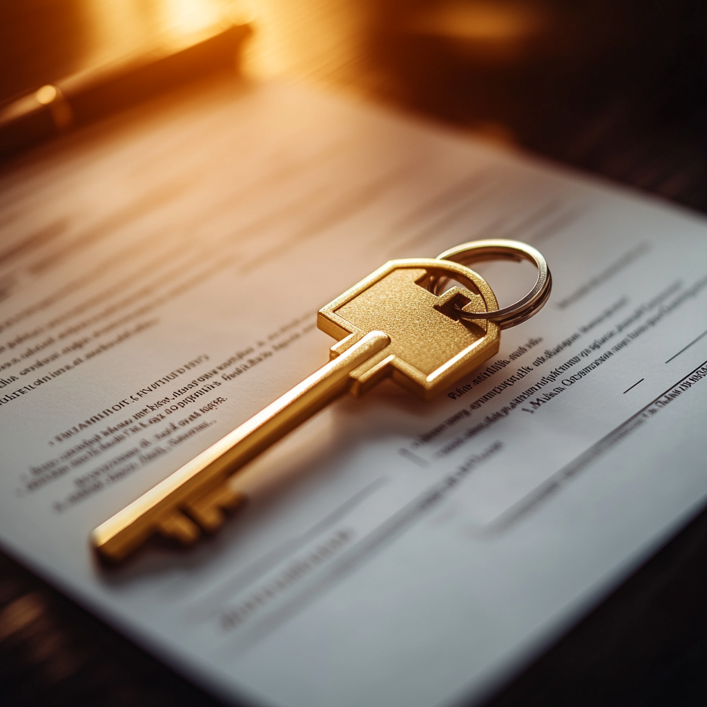 Golden key on legal real estate documents, symbolizing property ownership and investment law in Thailand.