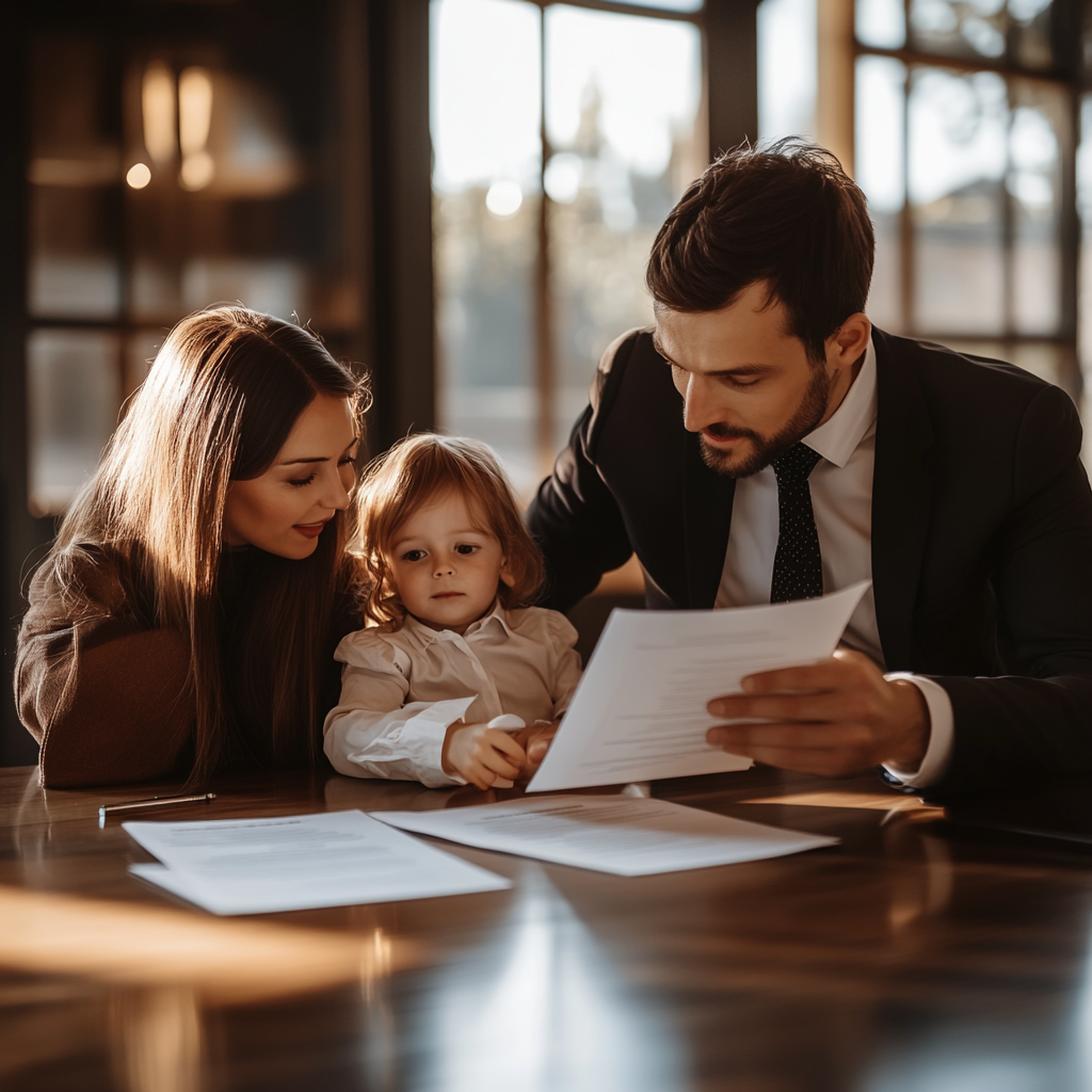 Family with a lawyer reviewing legal documents, symbolizing family law and child custody services in Thailand.