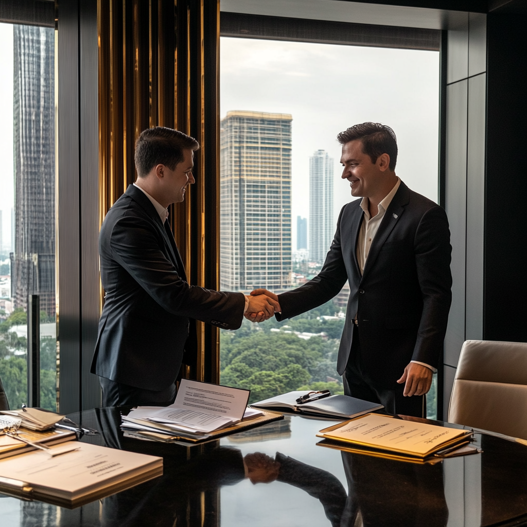 Two business lawyers shaking hands in a modern Bangkok office, representing corporate and commercial law services.